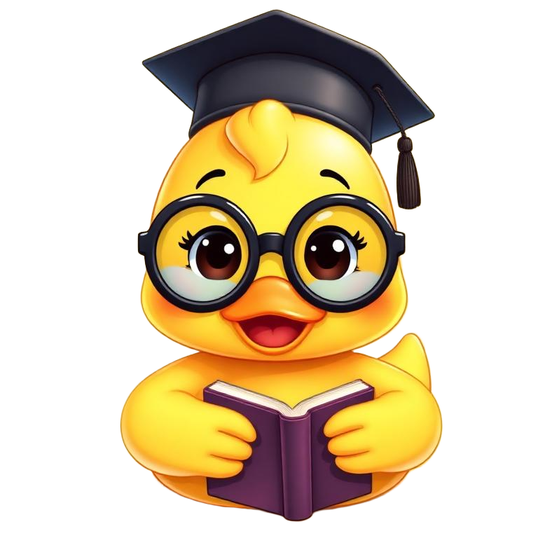 Duck AI mascot with graduation cap and glasses reading a book